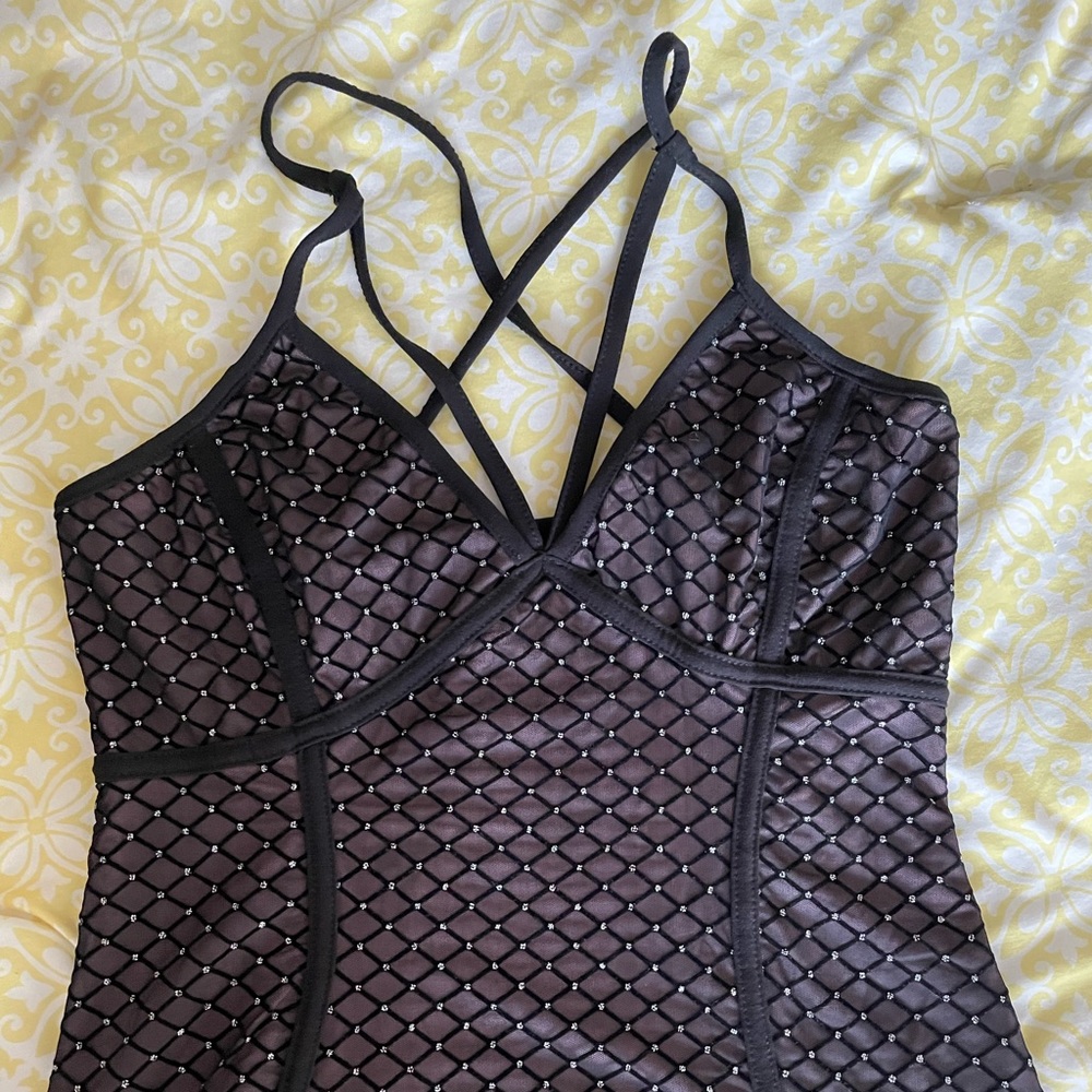 Fashion Nova Small Fitted Black & Lavender Mini Dress, measurements added!
